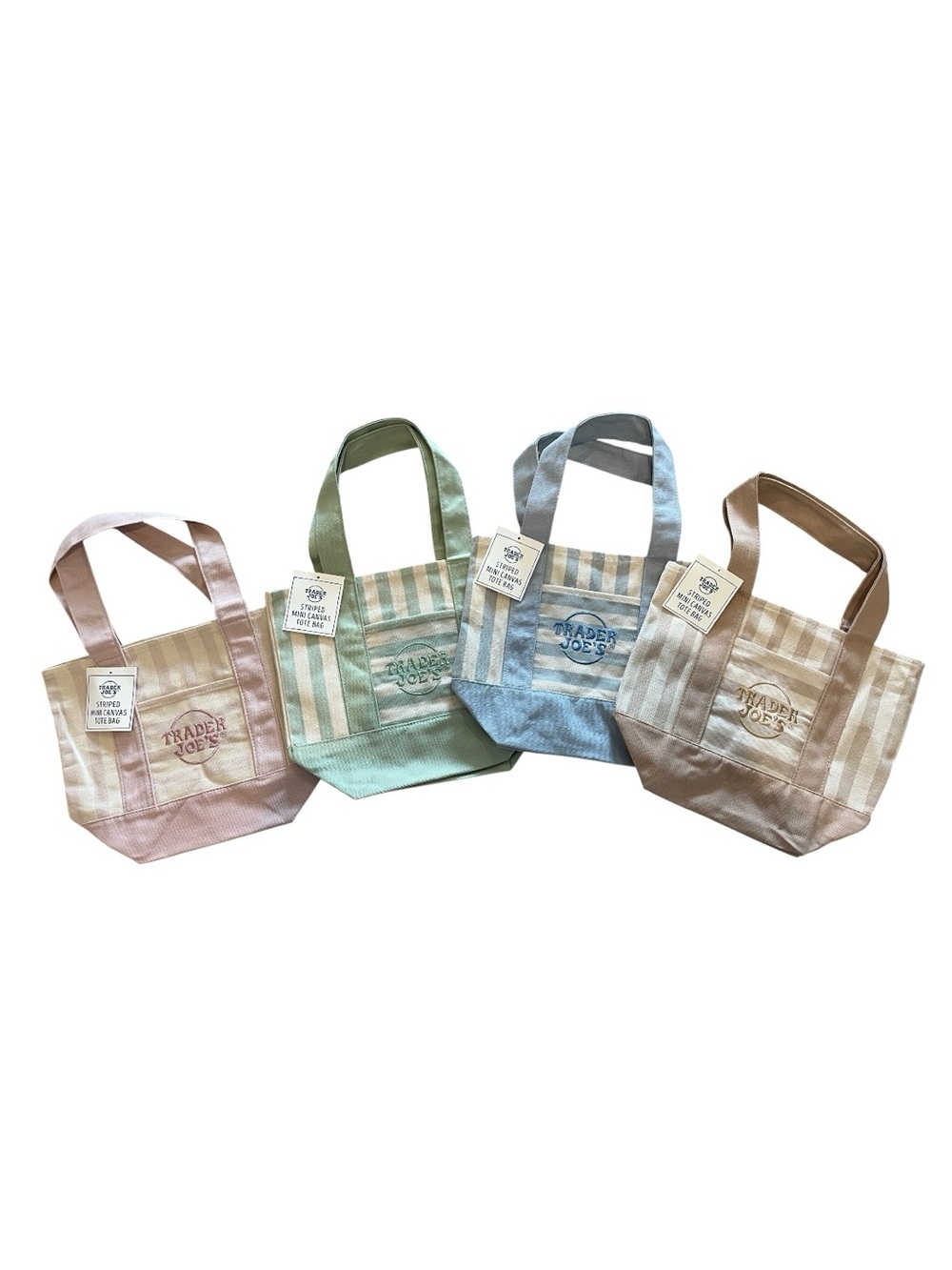 Trader Joe’s Pastel Stripe Canvas Mini Tote Bag-Set of 4(Pink, Green, Blue, Tan)